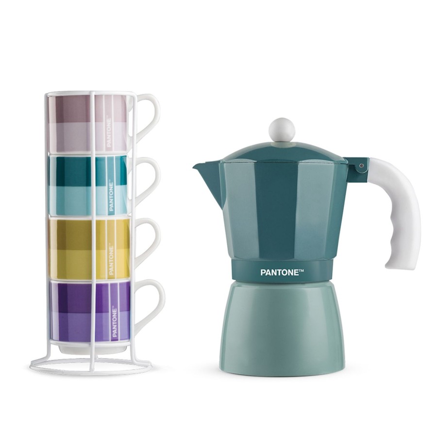 Breakfast Egan | 4 Pc. Stackable Cofee Cup With Metal Rack Plus Blue Coffee Maker 6 Cups.