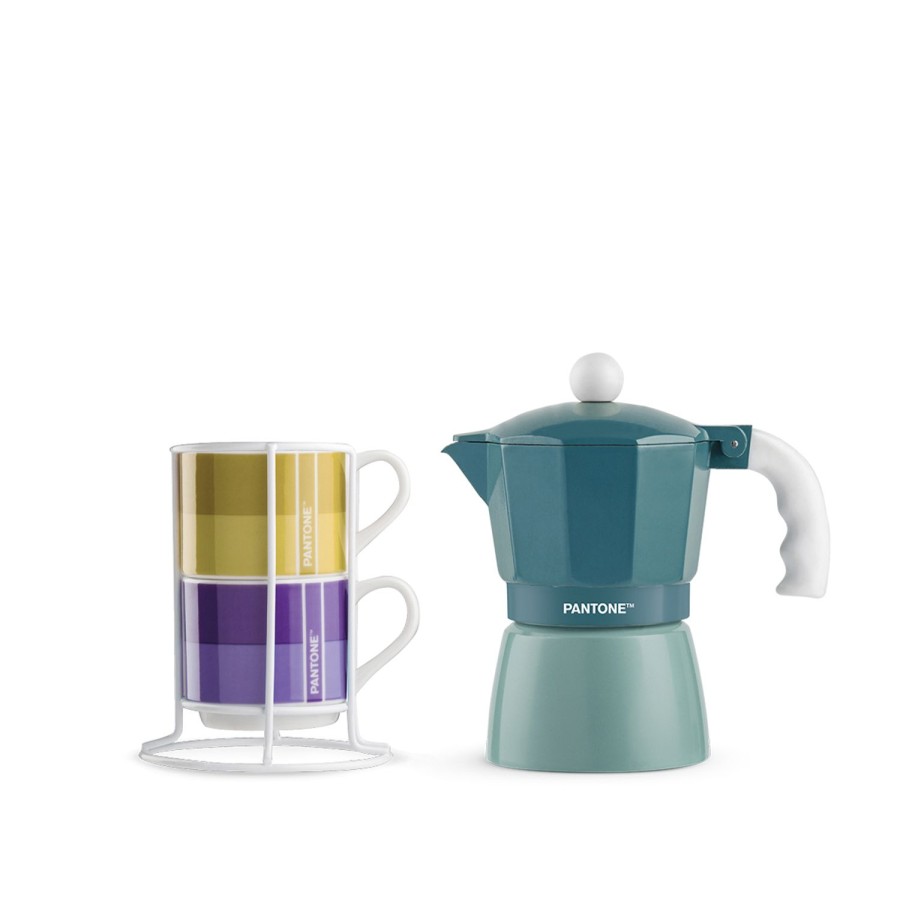 Breakfast Egan | 2 Pc. Stackable Cofee Cup With Metal Rack Plus Blue Coffee Maker 3 Cups.