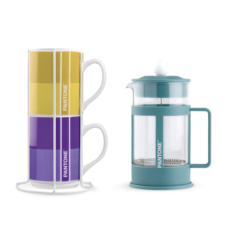 Breakfast Egan | 2 Pc. Stackable Mug With Metal Rack Plus Blue French Press 600 Ml