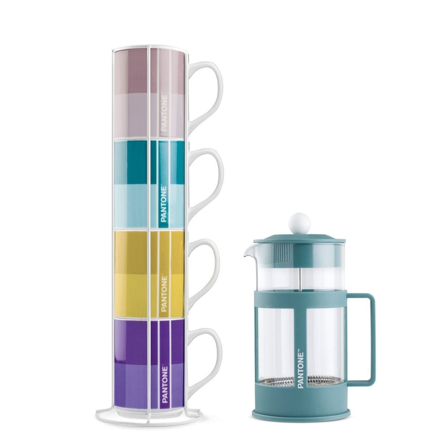 Breakfast Egan | 4 Pc. Stackable Mug With Metal Rack Plus Blue French Press 1000 Ml