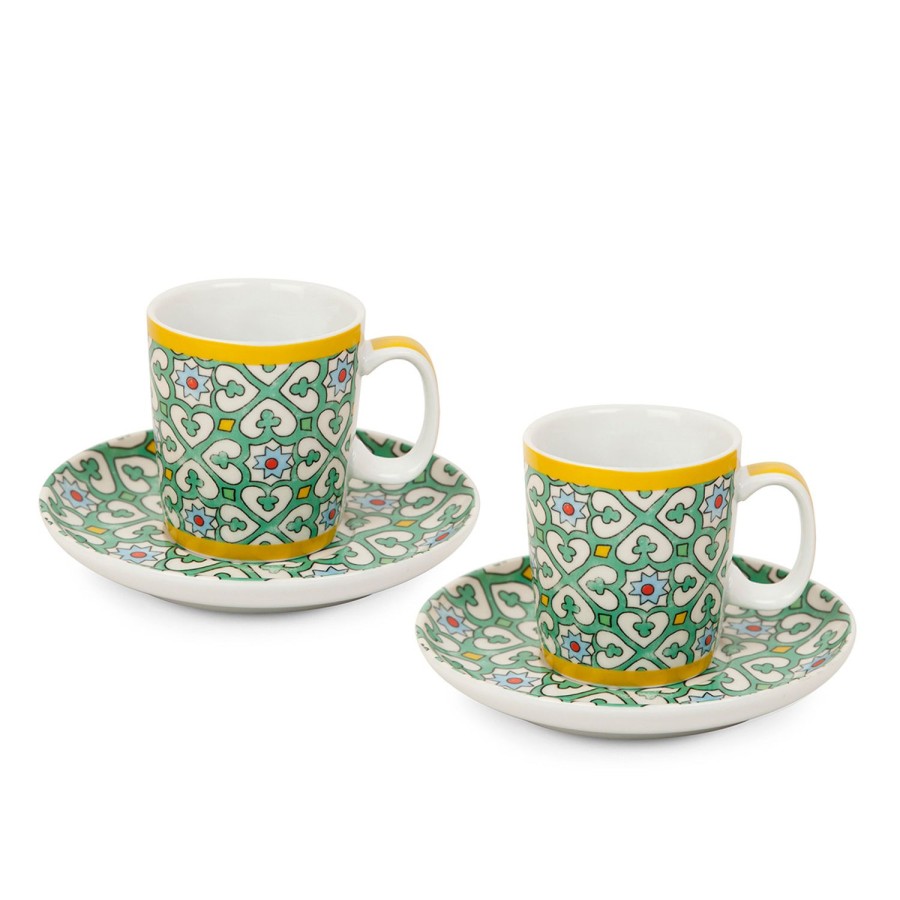 Breakfast Egan | Set 2 Coffee Cups With Saucer Green Majorica