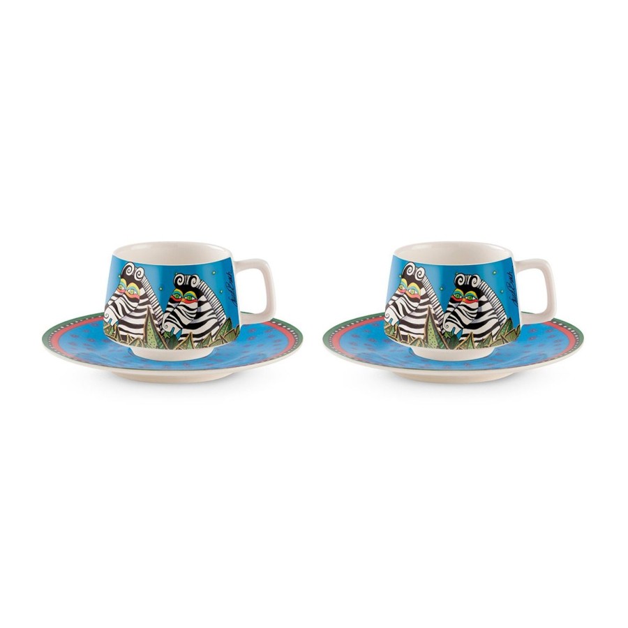 Breakfast Egan | Set 2 Coffee Cups With Saucers Laurel Burch Jungle Azure