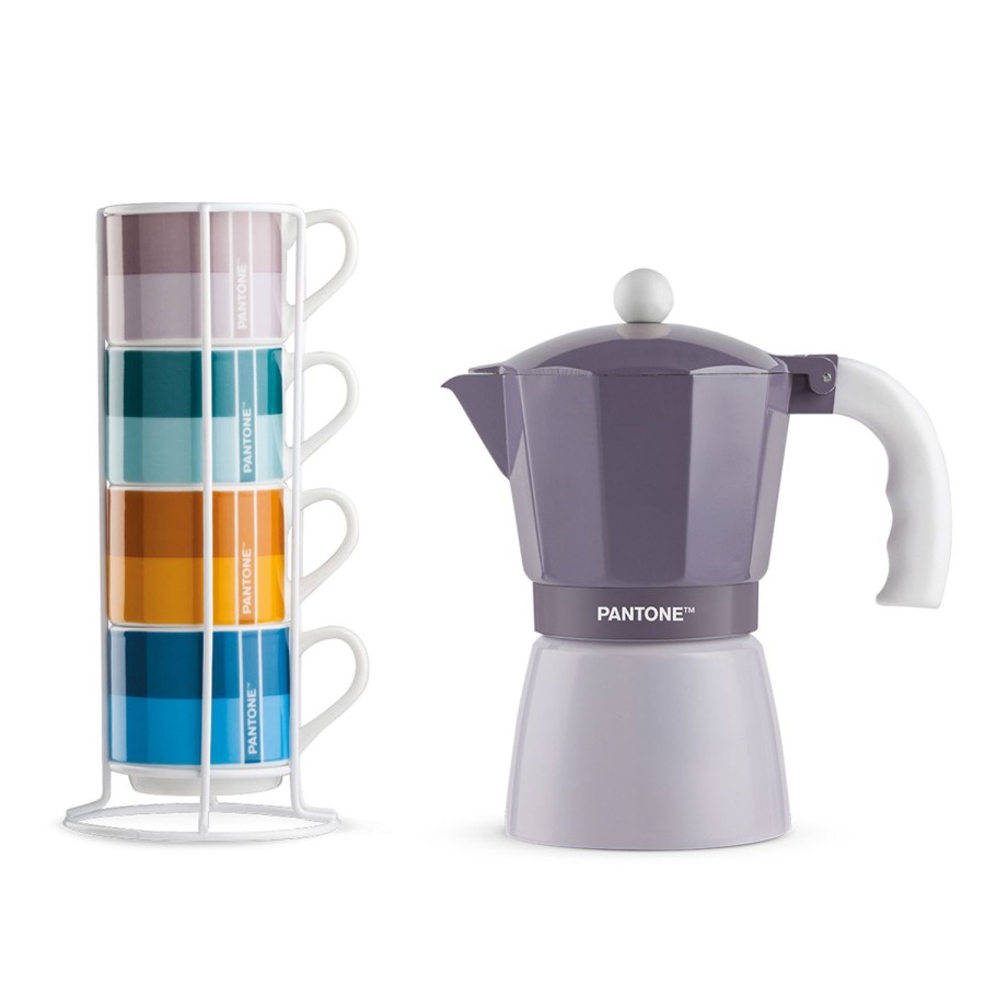 Breakfast Egan | 4 Pc. Stackable Cofee Cup With Metal Rack Plus Purple Coffee Maker 6 Cups.