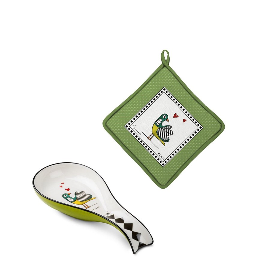 Gift Ideas Egan | Set Pot-Holder And Ladle Rest Cocorico Green