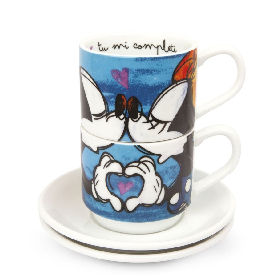 Breakfast Egan | Set 2 Stackable Espresso Cups Mickey Mouse Blue With Saucers