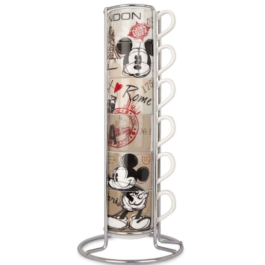 Breakfast Egan | Set 6 Stackable Espresso Cups Mickey Mouse In The City + Metal Rack