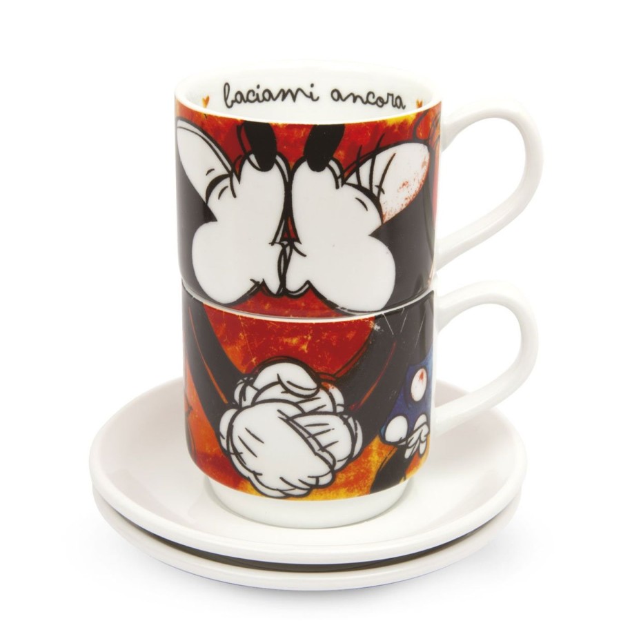 Breakfast Egan | Set 2 Stackable Espresso Cups Mickey Mouse Red With Saucers